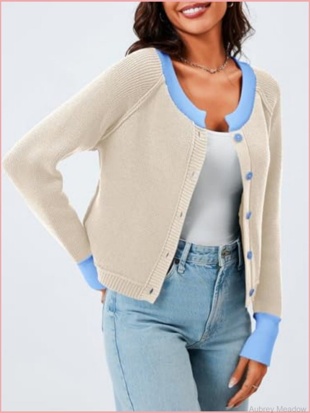 Cropped Button Down Cardigan Sweater Open Front Long Sleeve Color Block Knit - Picture 3 of 7